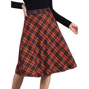 Tartan Plaid High Waist Belted Vintage A-Line Midi Skirt Orange